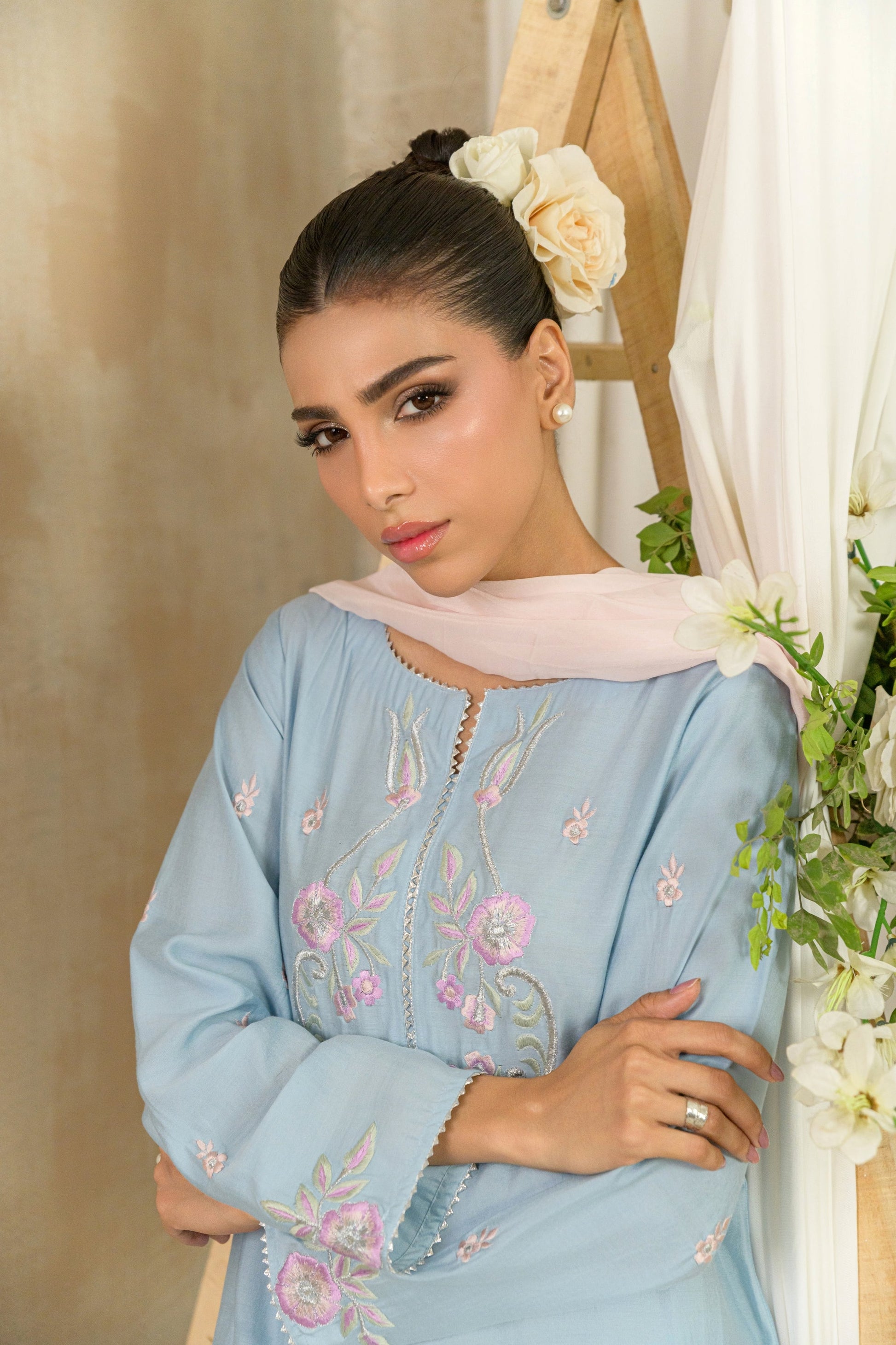 Zehan - powder blue embroidered outfit front view by Alishba Kashif