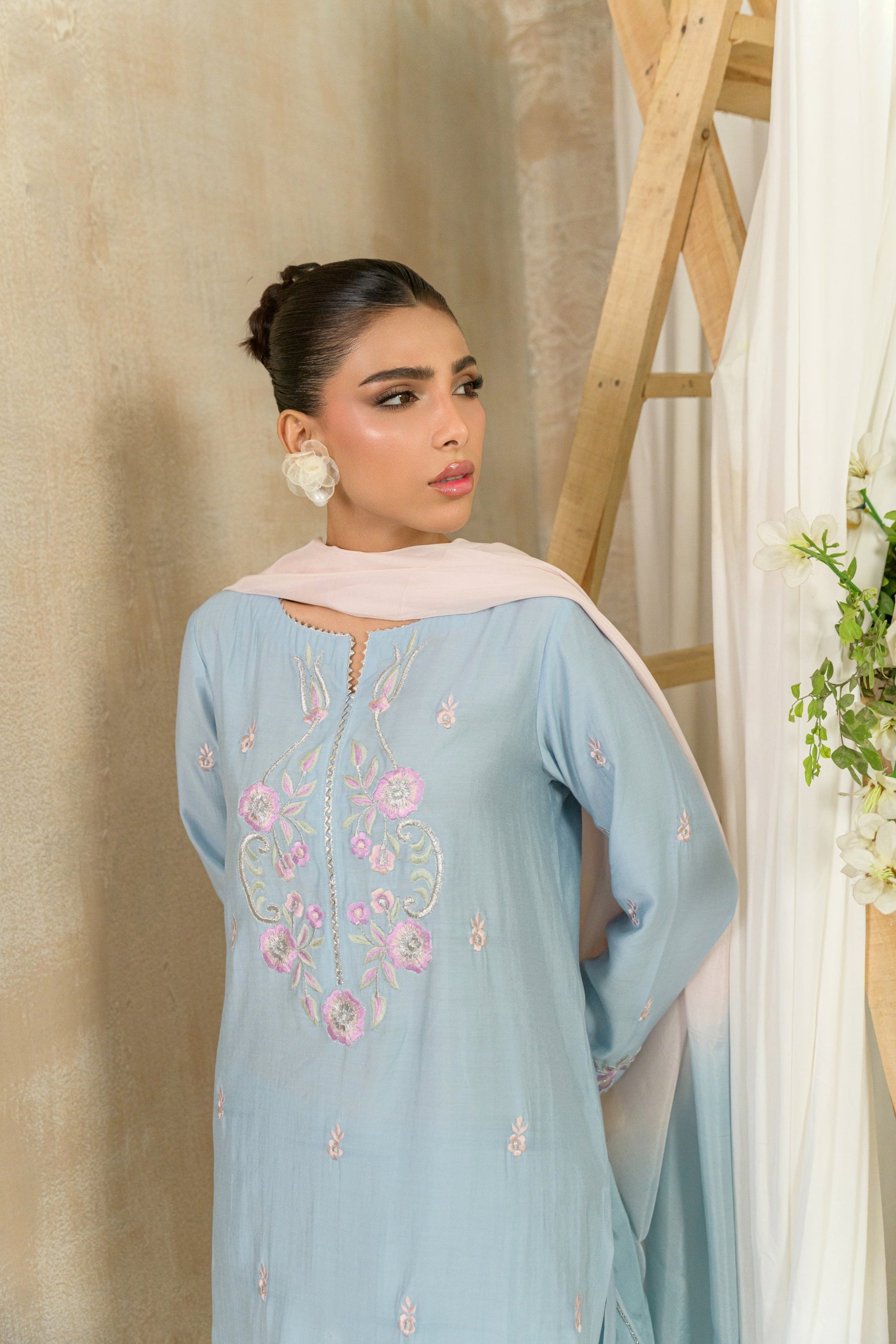 Zehan - powder blue silk cotton embroidered suit side view by Alishba Kashif