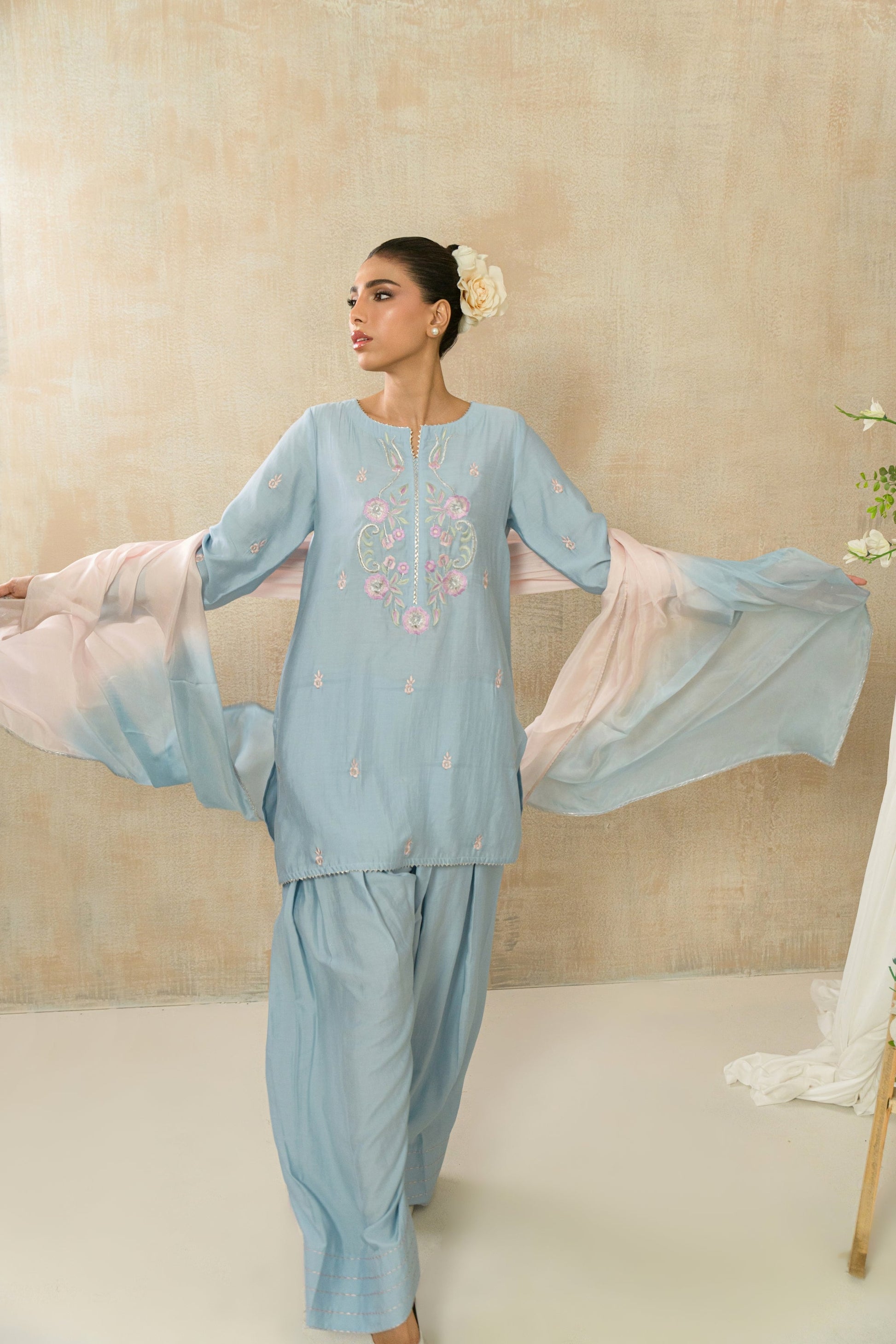 Zehan - powder blue embroidered outfit detail view by Alishba Kashif
