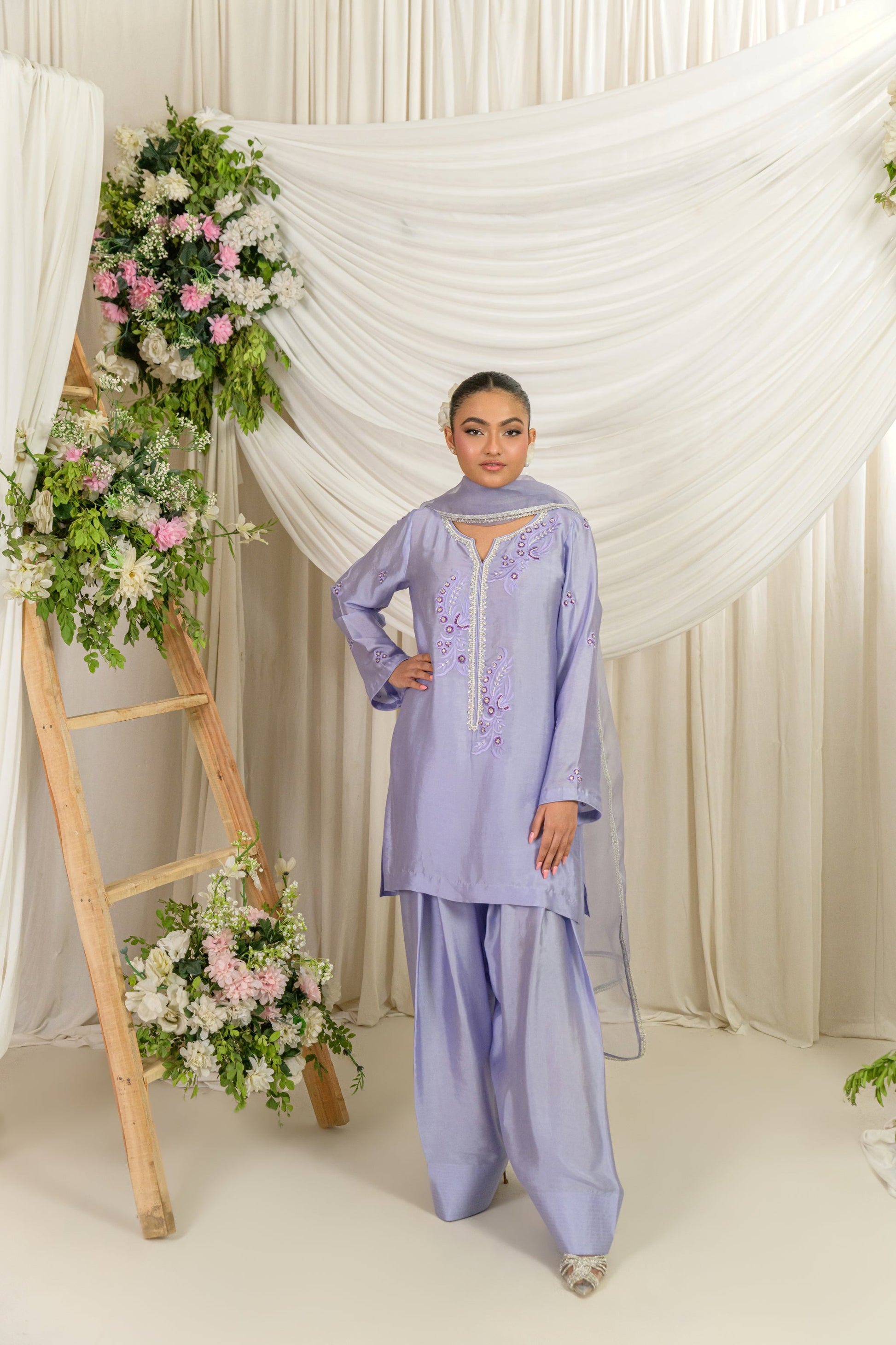 Sahar - lavender sheesha silk kurta with farshi shalwar and resham pearl embroidery front view by Alishba Kashif