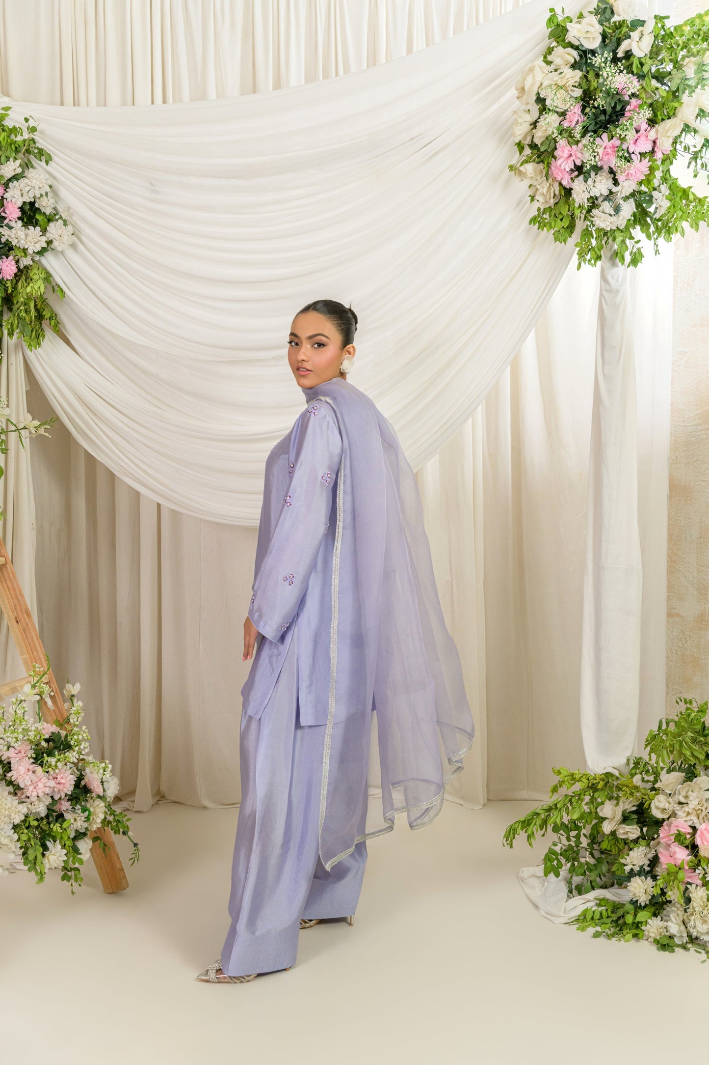 Sahar - lavender sheesha silk kurta with farshi shalwar and resham pearl embroidery side view by Alishba Kashif
