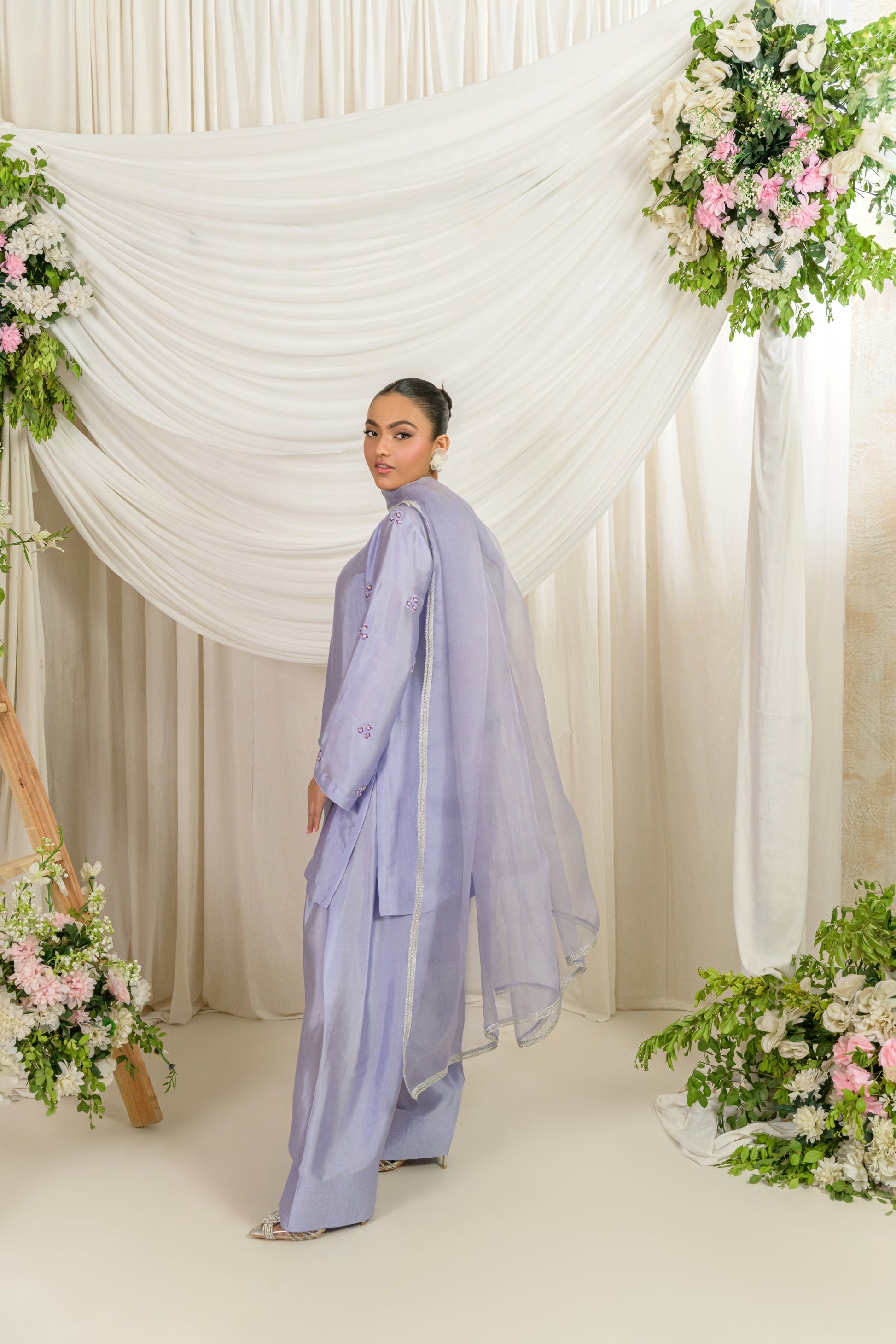 Sahar - lavender sheesha silk kurta with farshi shalwar and resham pearl embroidery side view by Alishba Kashif