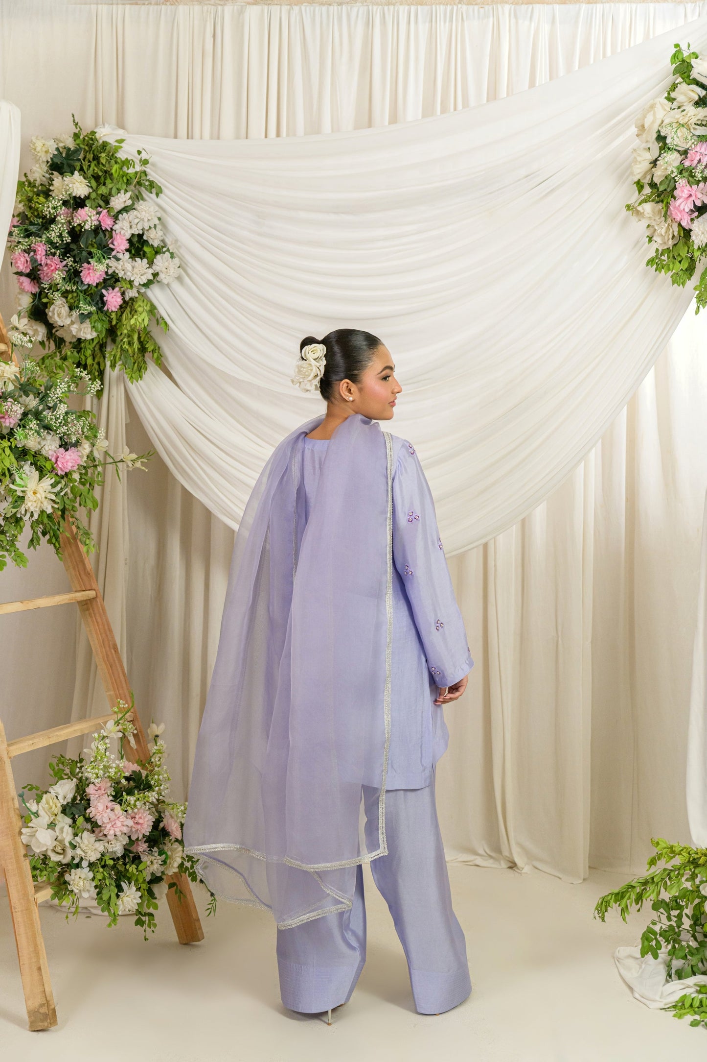 Sahar - lavender sheesha silk kurta with farshi shalwar and resham pearl embroidery back view by Alishba Kashif