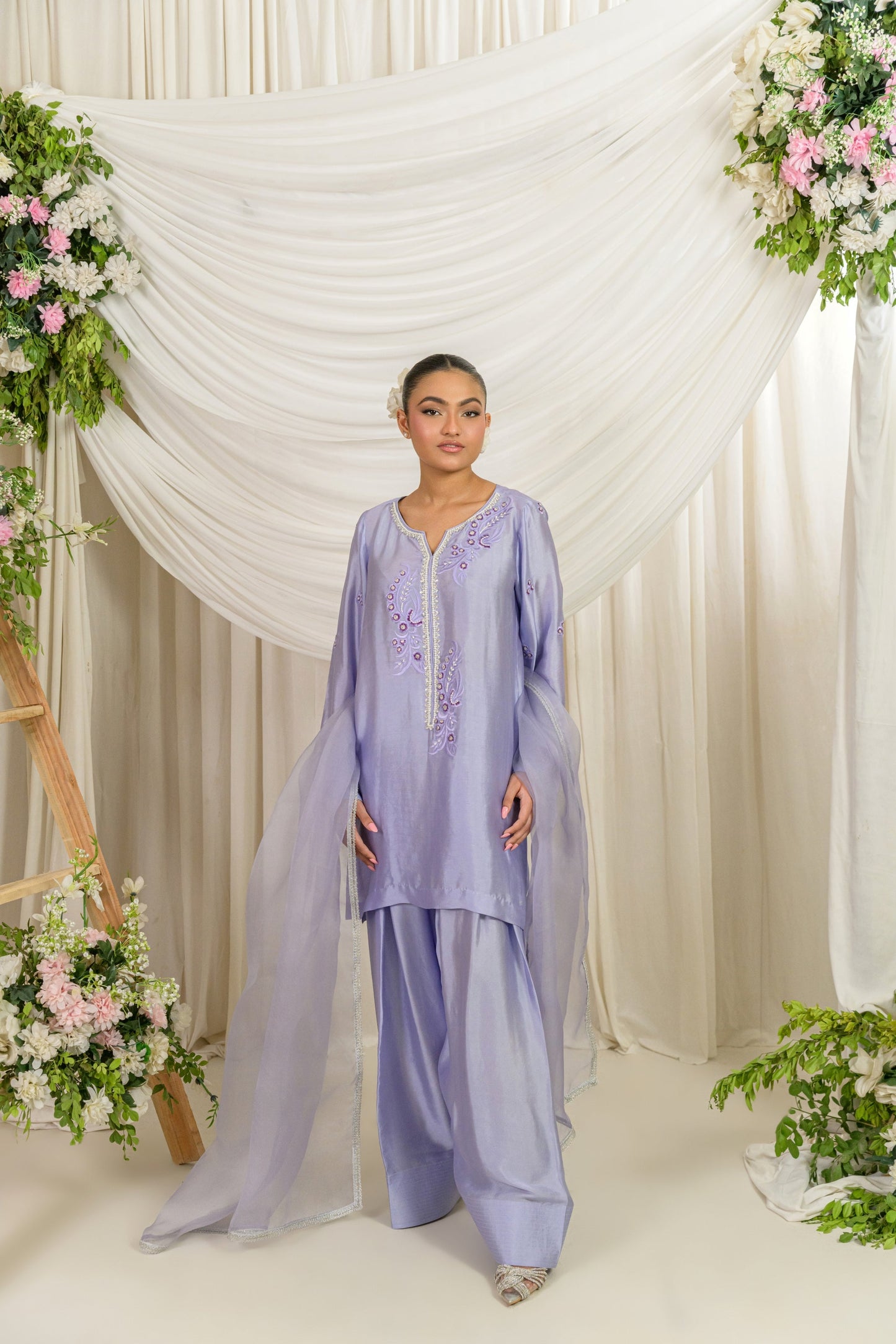 Sahar - lavender sheesha silk kurta with farshi shalwar and resham pearl embroidery dupatta view by Alishba Kashif