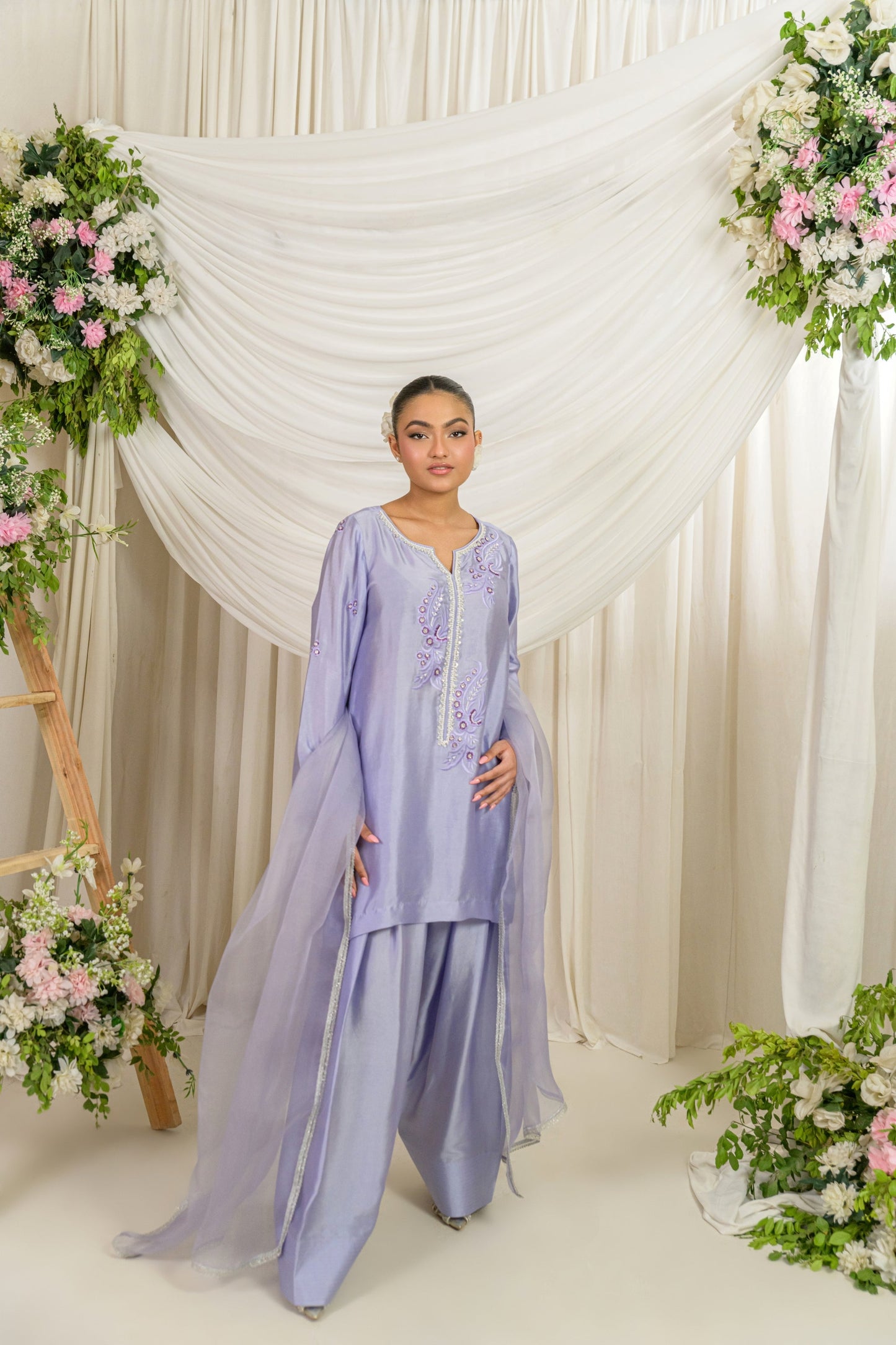 Sahar - lavender sheesha silk kurta with farshi shalwar and resham pearl embroidery side view by Alishba Kashif
