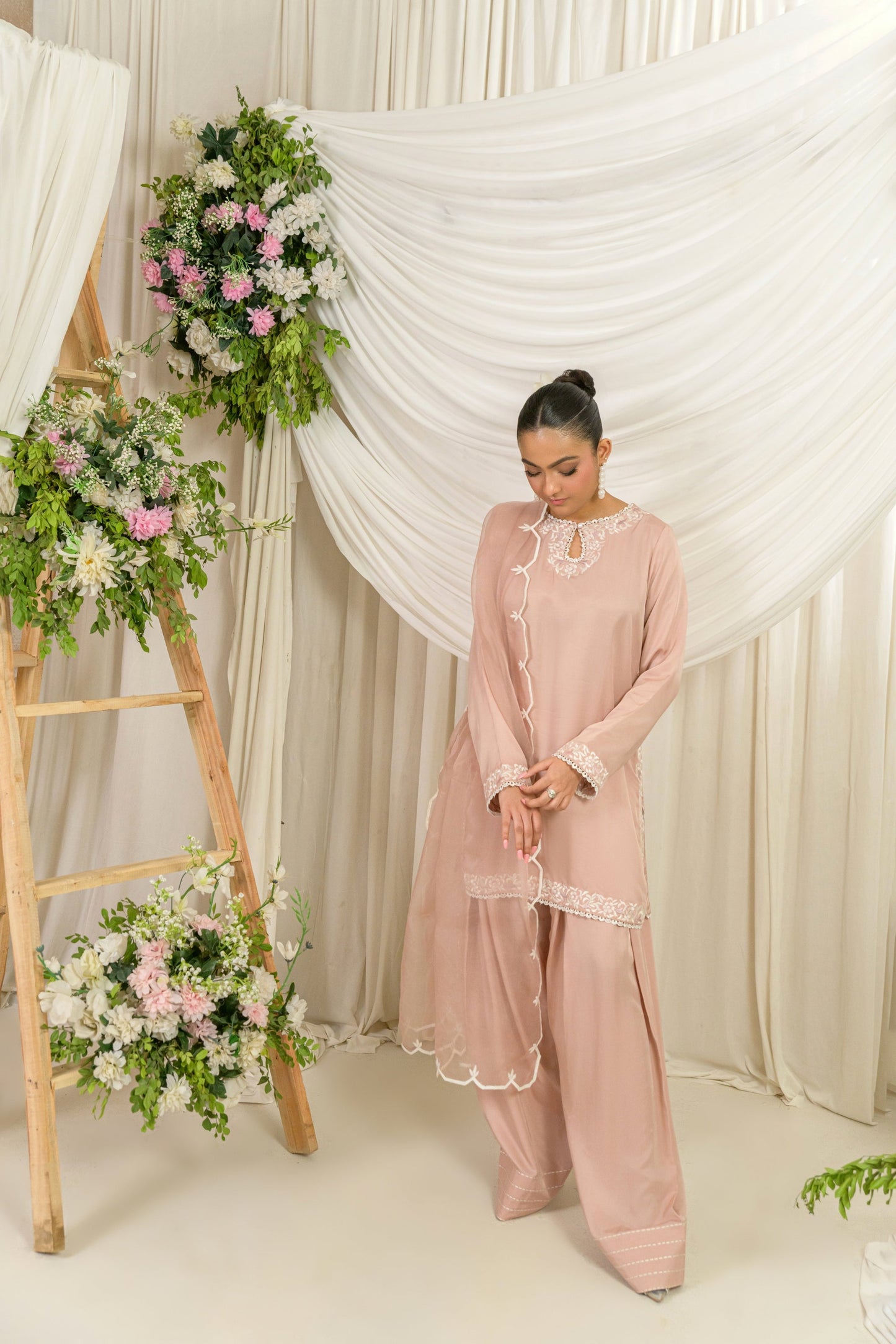 Belle - blush matte silk embroidered suit with organza dupatta by Alishba Kashif