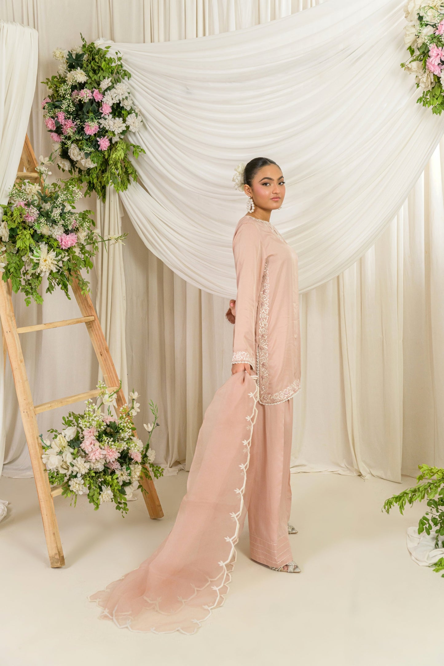 Belle - blush silk suit with farshi shalwar side view by Alishba Kashif