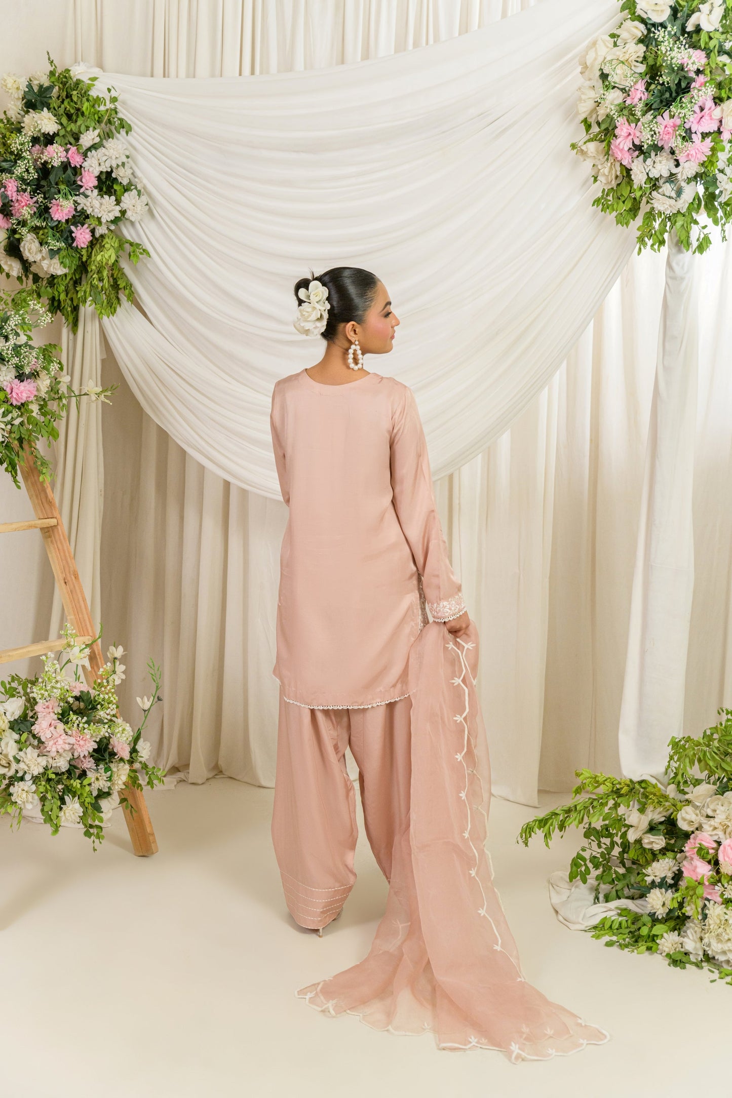Belle - blush matte silk embroidered suit with organza dupatta back view by Alishba Kashif