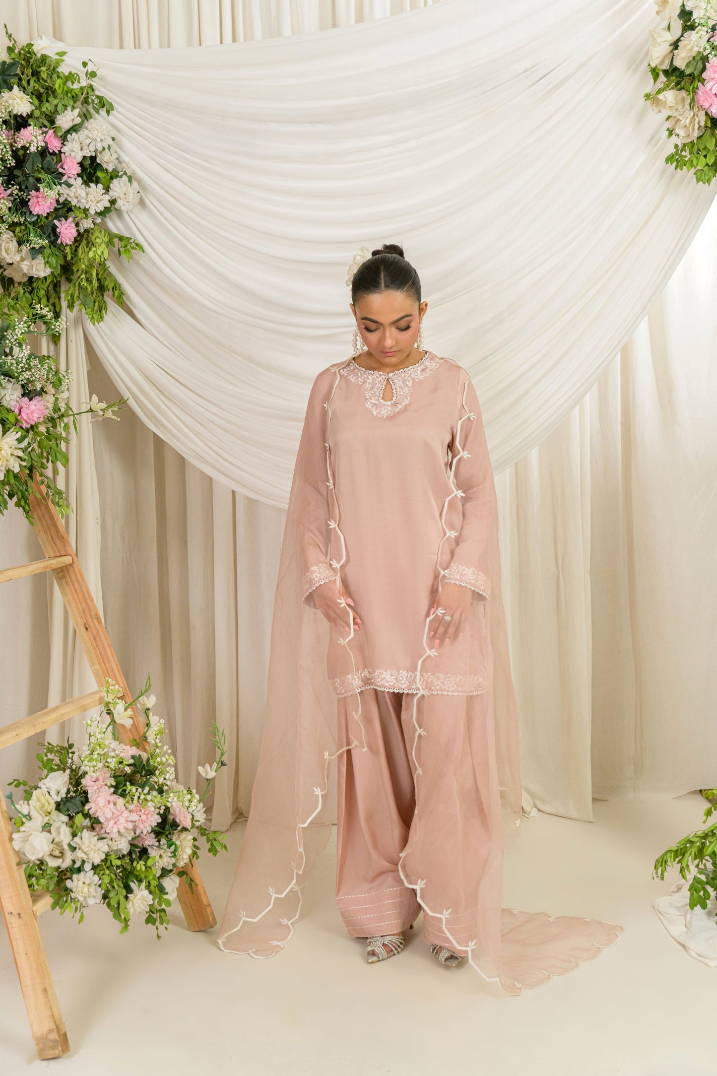 Belle - blush matte silk embroidered suit with organza dupatta front view by Alishba Kashif