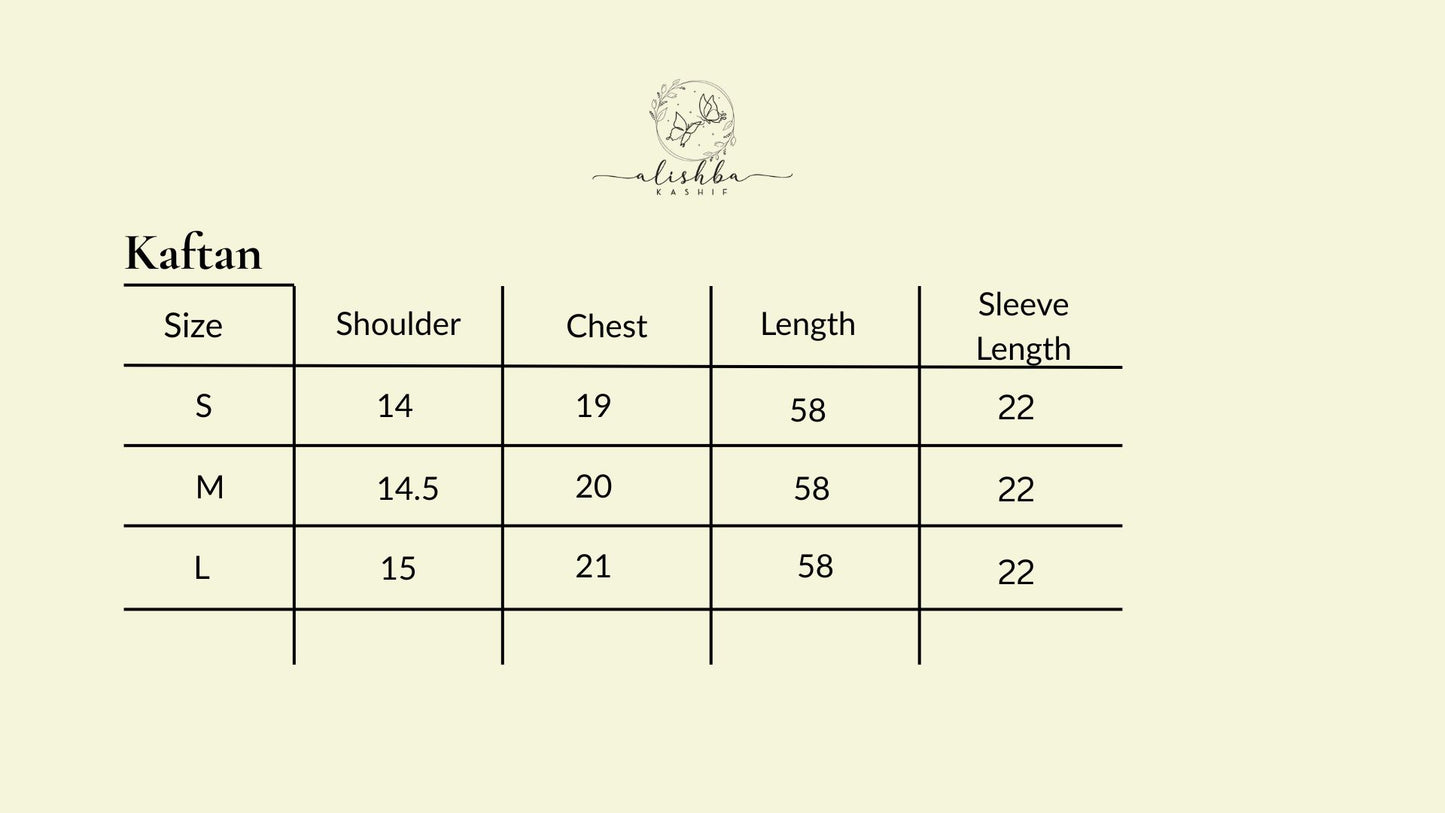 Kaftan size guide by Alishba Kashif — measurements for S, M and L including shoulder, chest, length and sleeve length in inches