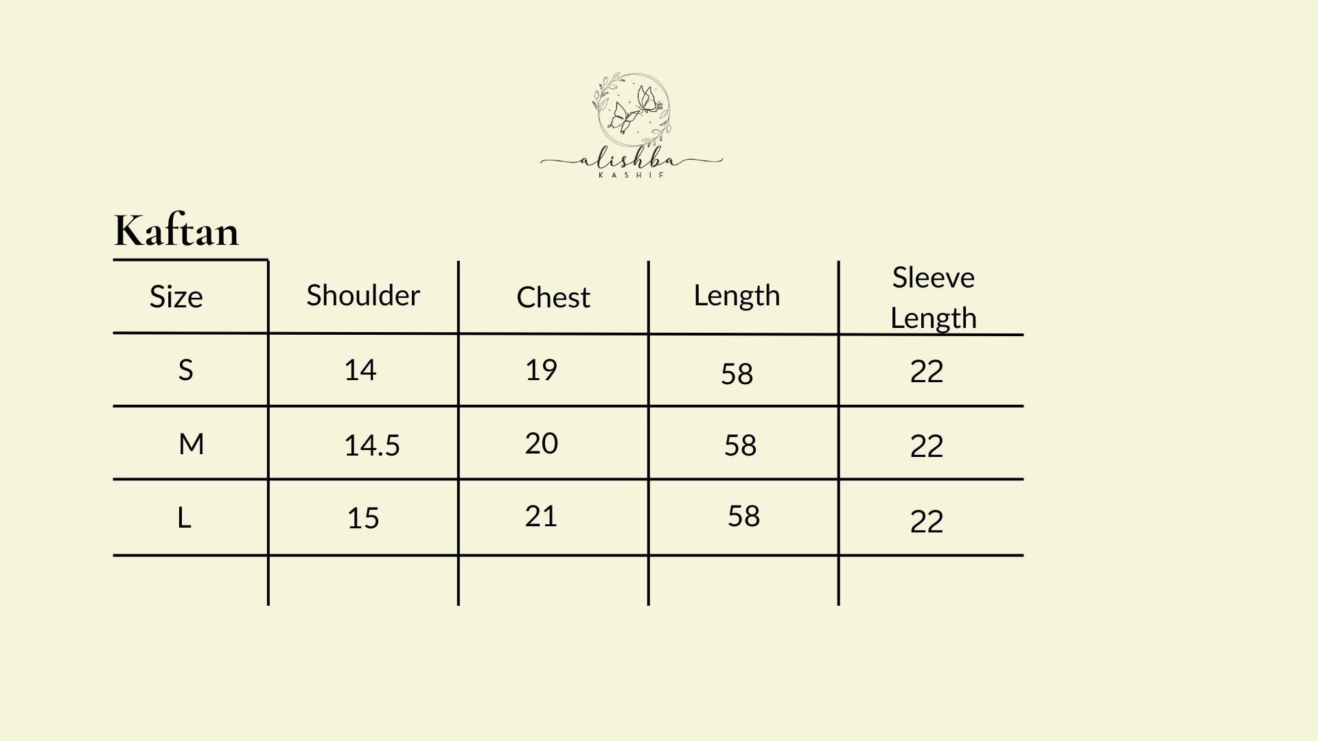 Kaftan size guide by Alishba Kashif — measurements for S, M and L including shoulder, chest, length and sleeve length in inches