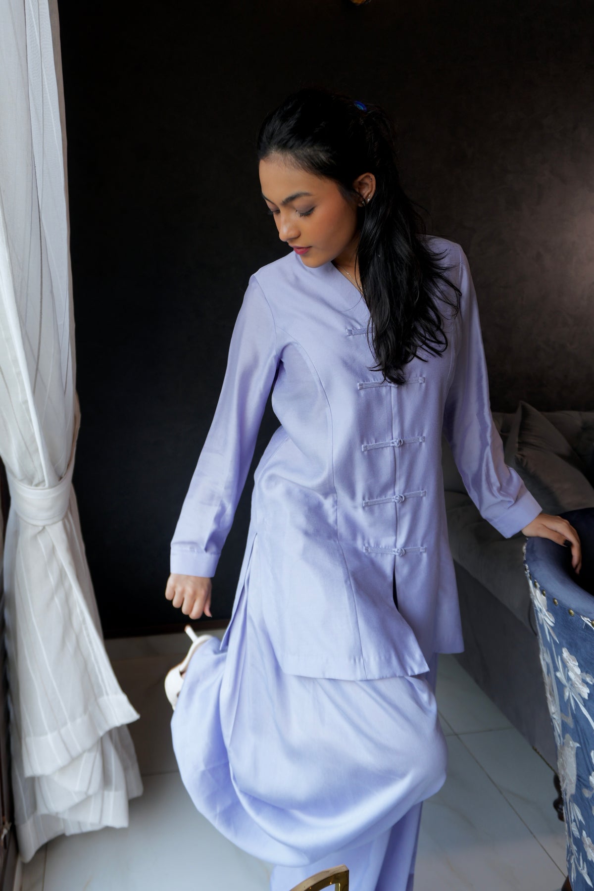 Lilac theory two-piece set featuring mandarin top and matching voluminous balloon pants side pose - alisho by Alishba Kashif