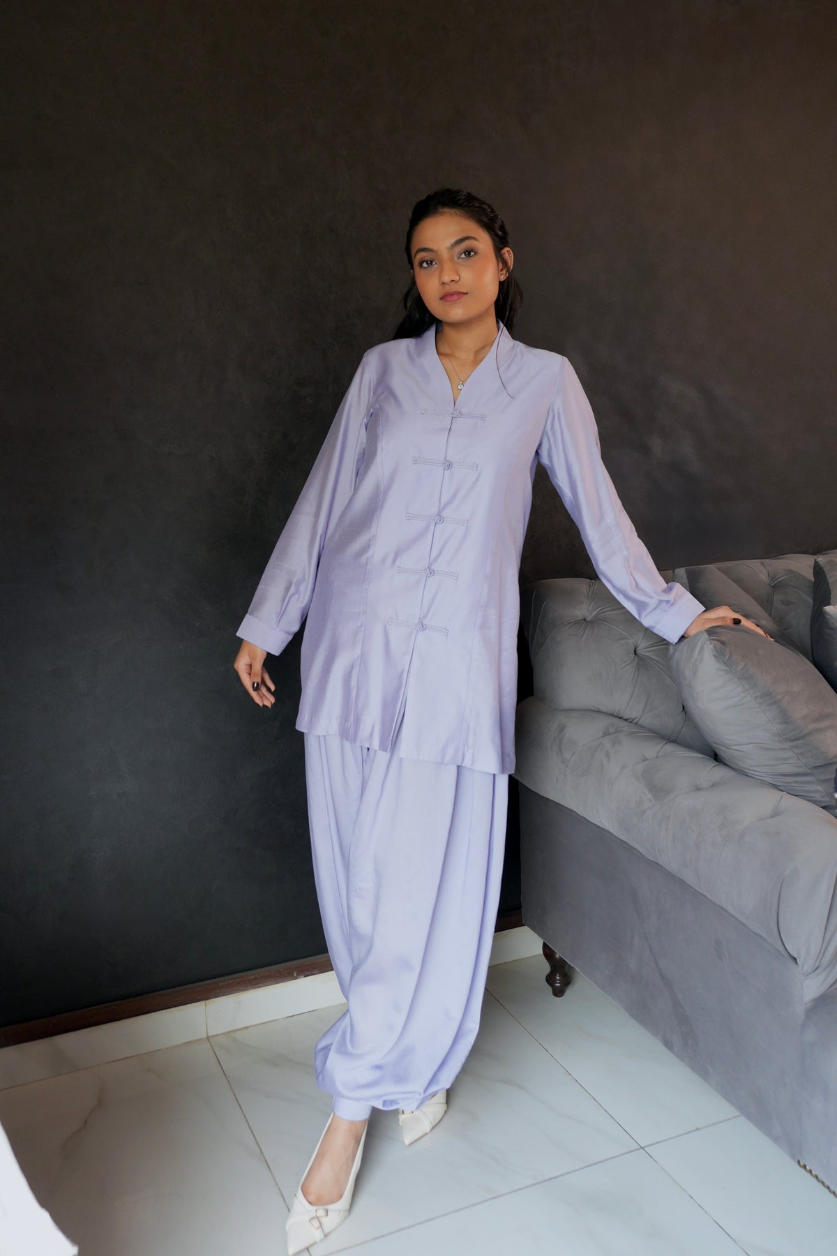 Lilac theory two-piece set featuring mandarin top and matching voluminous balloon pants - alisho by Alishba Kashif