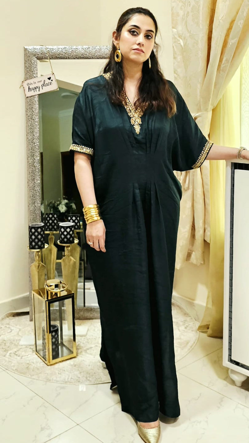 client wearing verde kaftan by Alishba Kashif Studio