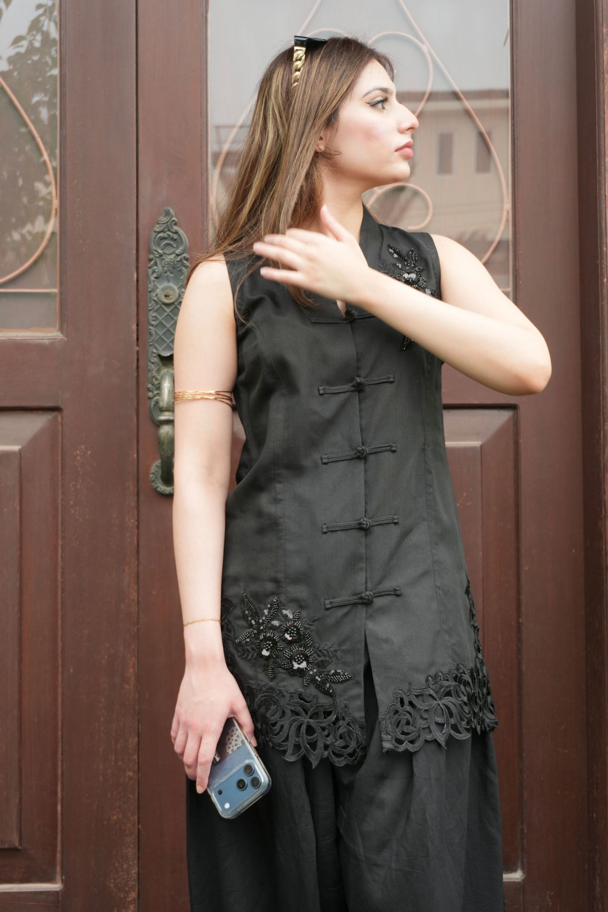 Alisho After Dark black halter sleeveless  top with frog closures and lace trim