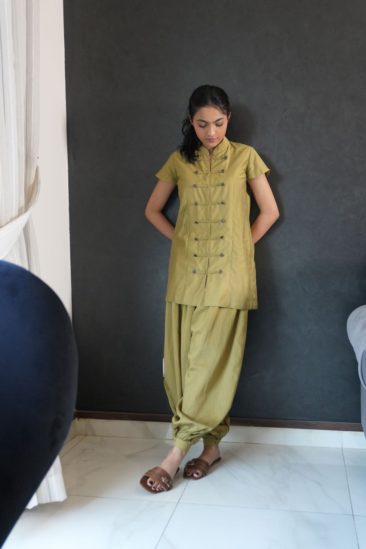 Alisho After Glow mustard Mandarin-collar top and balloon pants full look