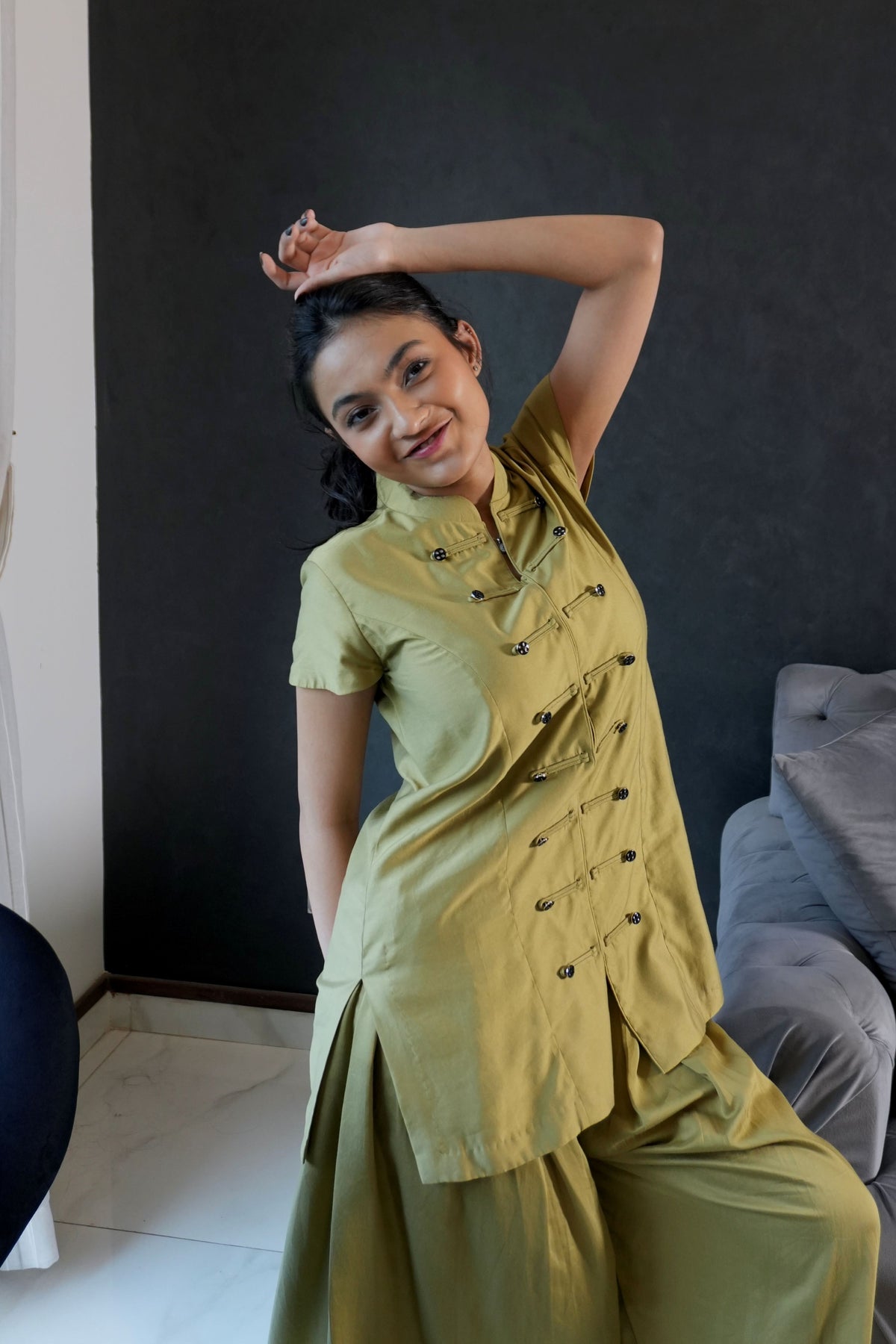 Alisho After Glow mustard Mandarin collar top with frog button detailing and balloon pants