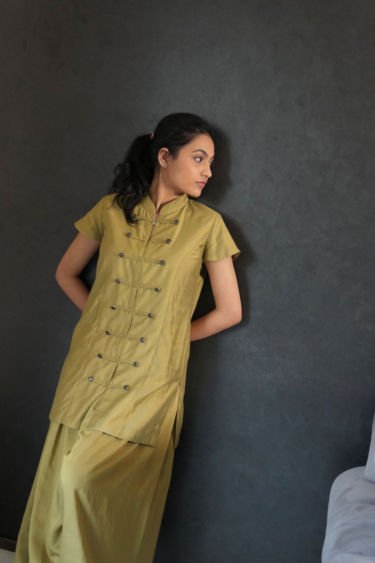 Alisho After Glow mustard Mandarin-collar top with frog button detailing