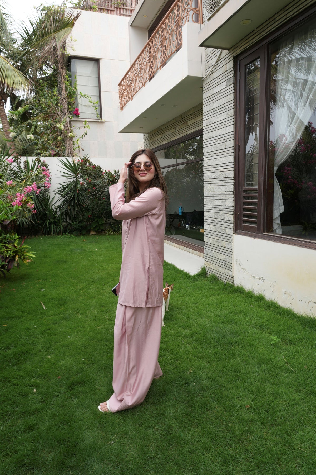 Alisho Blush Rush blush pink kurta and farshi shalwar full look worn outdoors