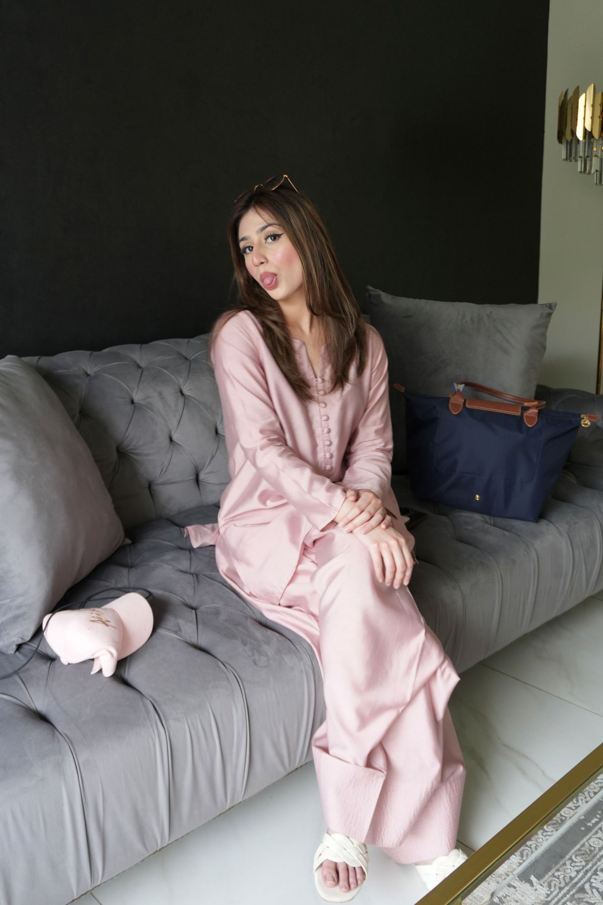 Alisho Blush Rush blush pink kurta and farshi shalwar set worn by a model indoors