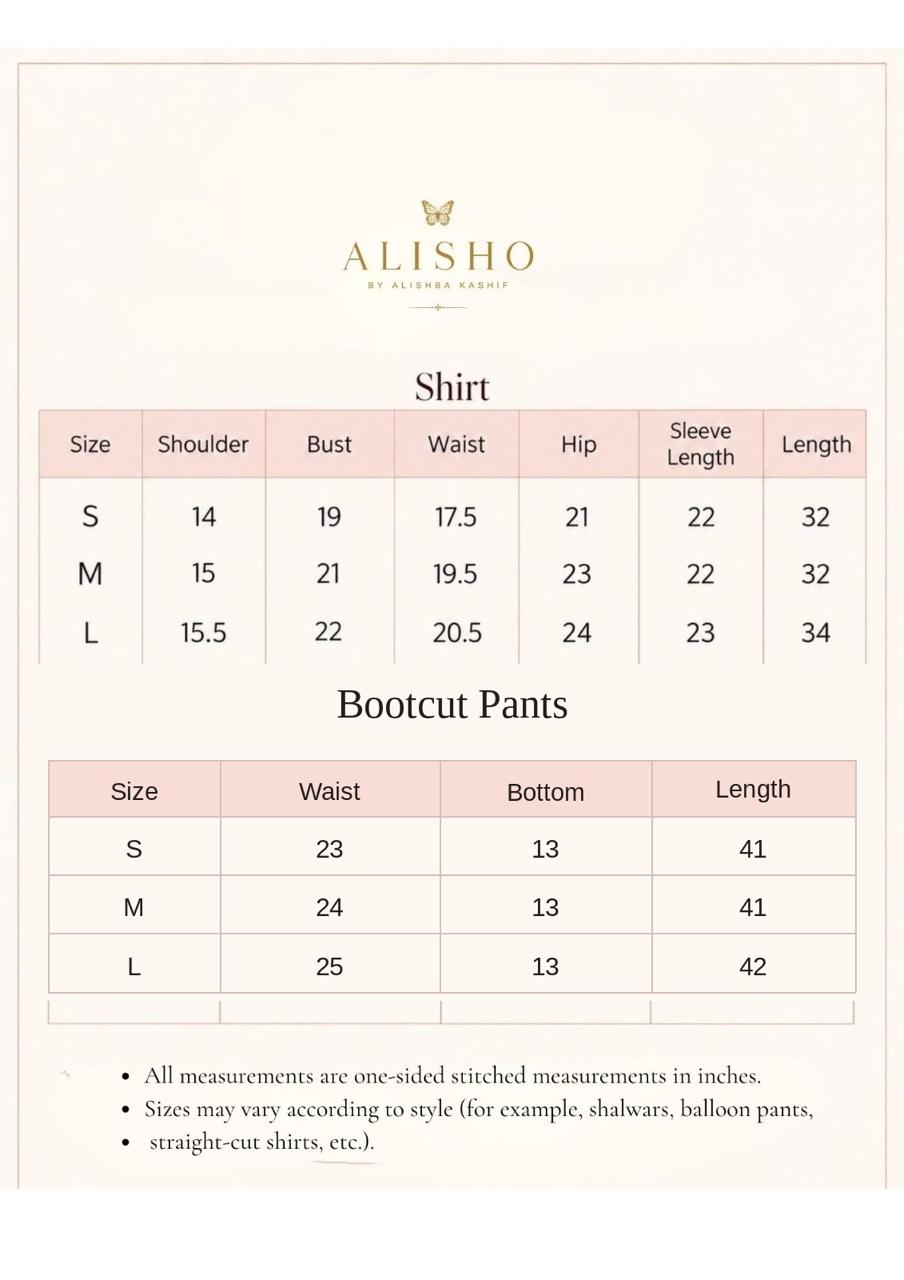 Alisho bootcut pants size chart