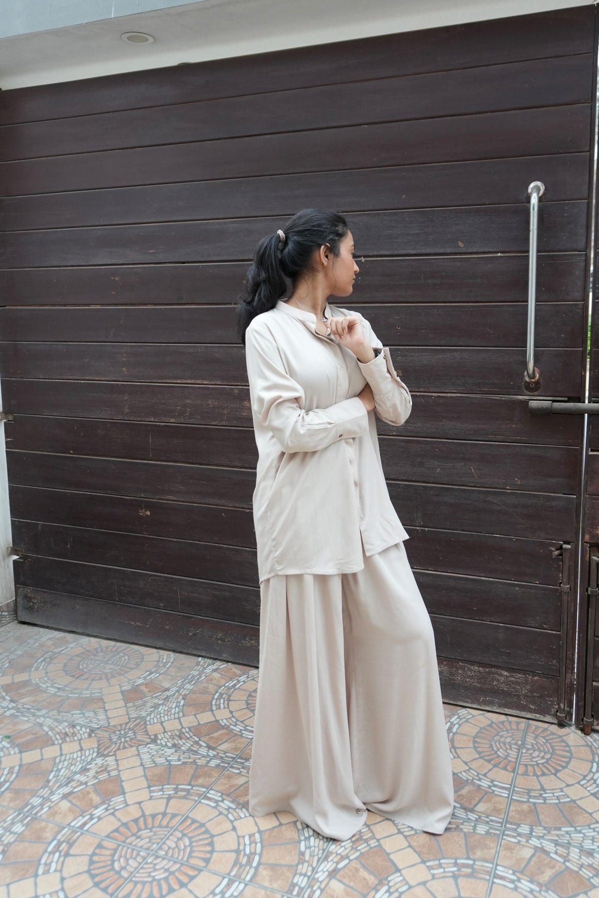 Alisho Ecru Irish linen button-down shirt and wide leg pants