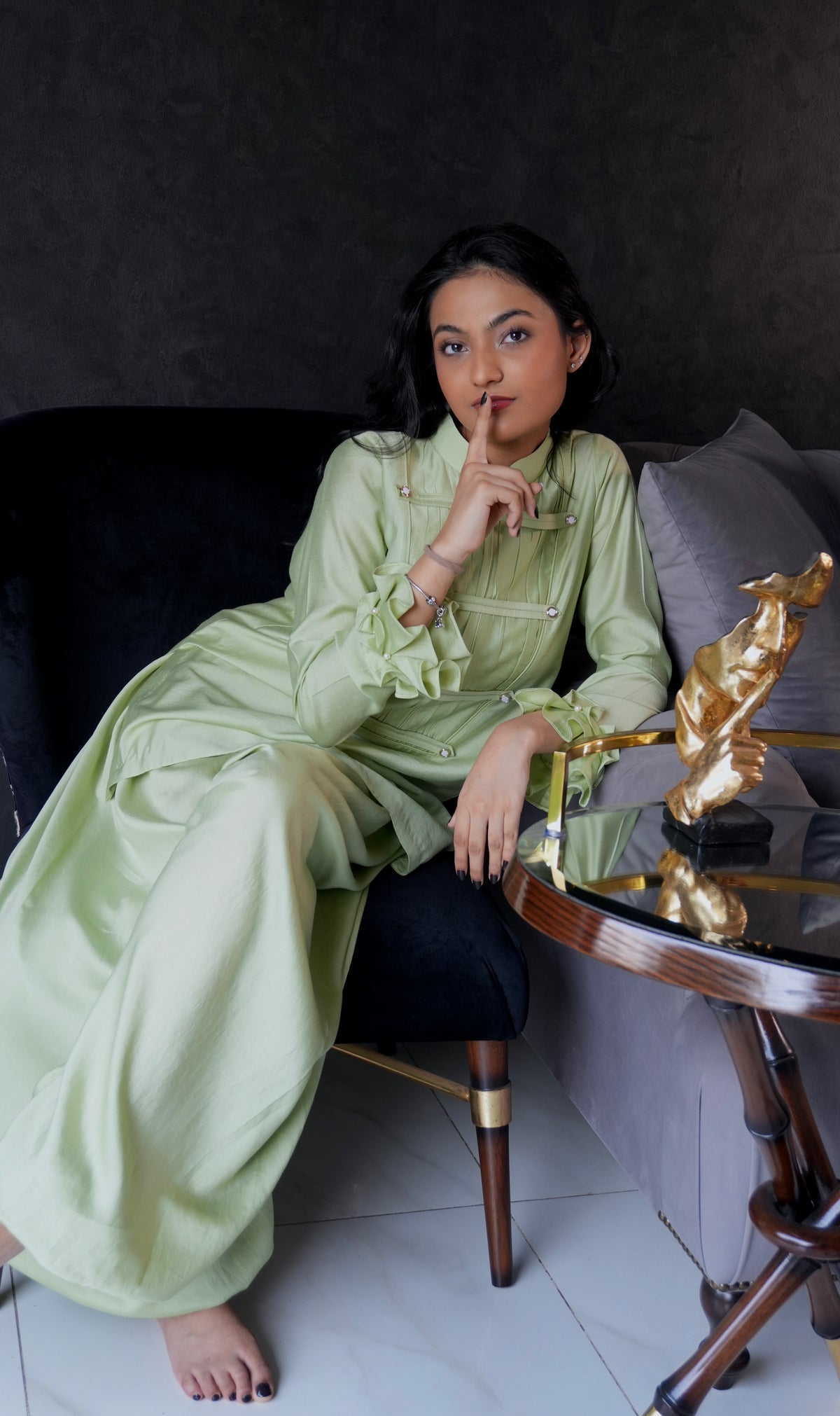 Alisho Matcha Mood matcha green mandarin collar top with matching balloon pants