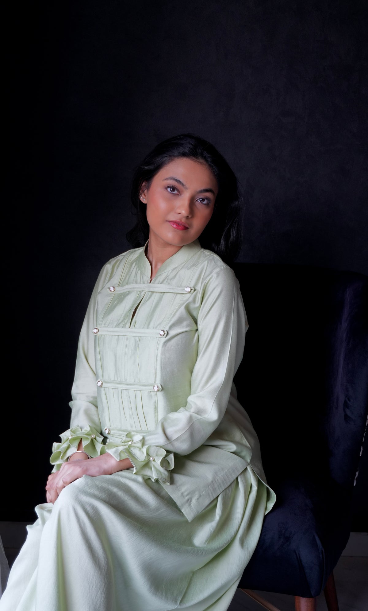Alisho Matcha Mood matcha green Mandarin-collar top and balloon pants worn by a model