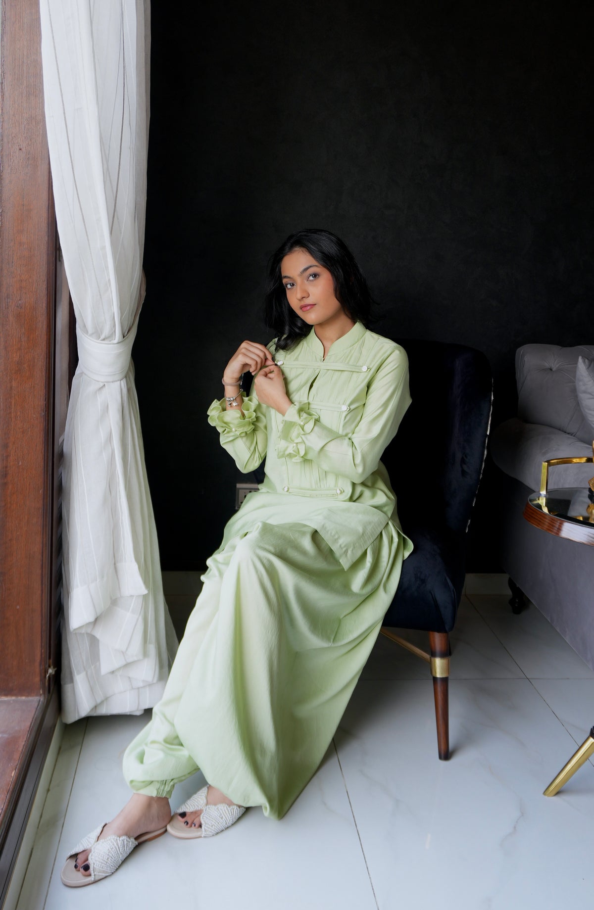 Alisho Matcha Mood matcha green Mandarin-collar top and balloon pants worn by a model