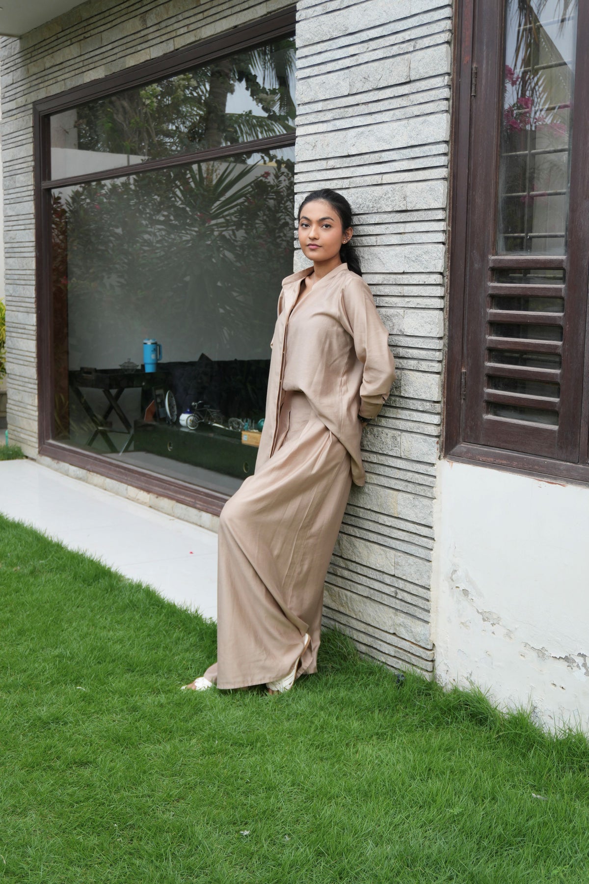 Alisho Oatmilk button-front tunic with wide leg trousers