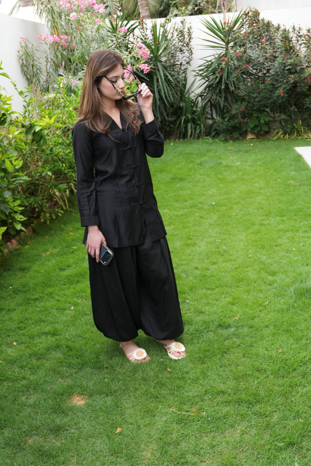 Alisho Offscript black top with button detailing and balloon pants full look
