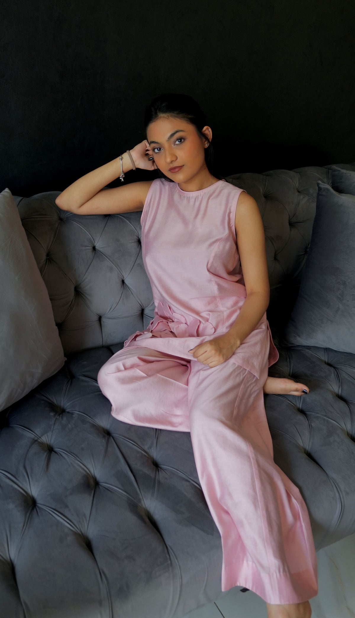 Alisho Petal Pop soft pink sleeveless tunic and bootcut pants worn by a model