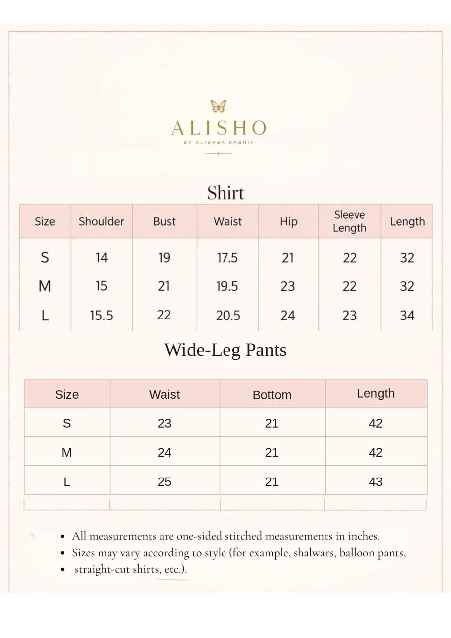 Alisho Wide Leg Pants size chart