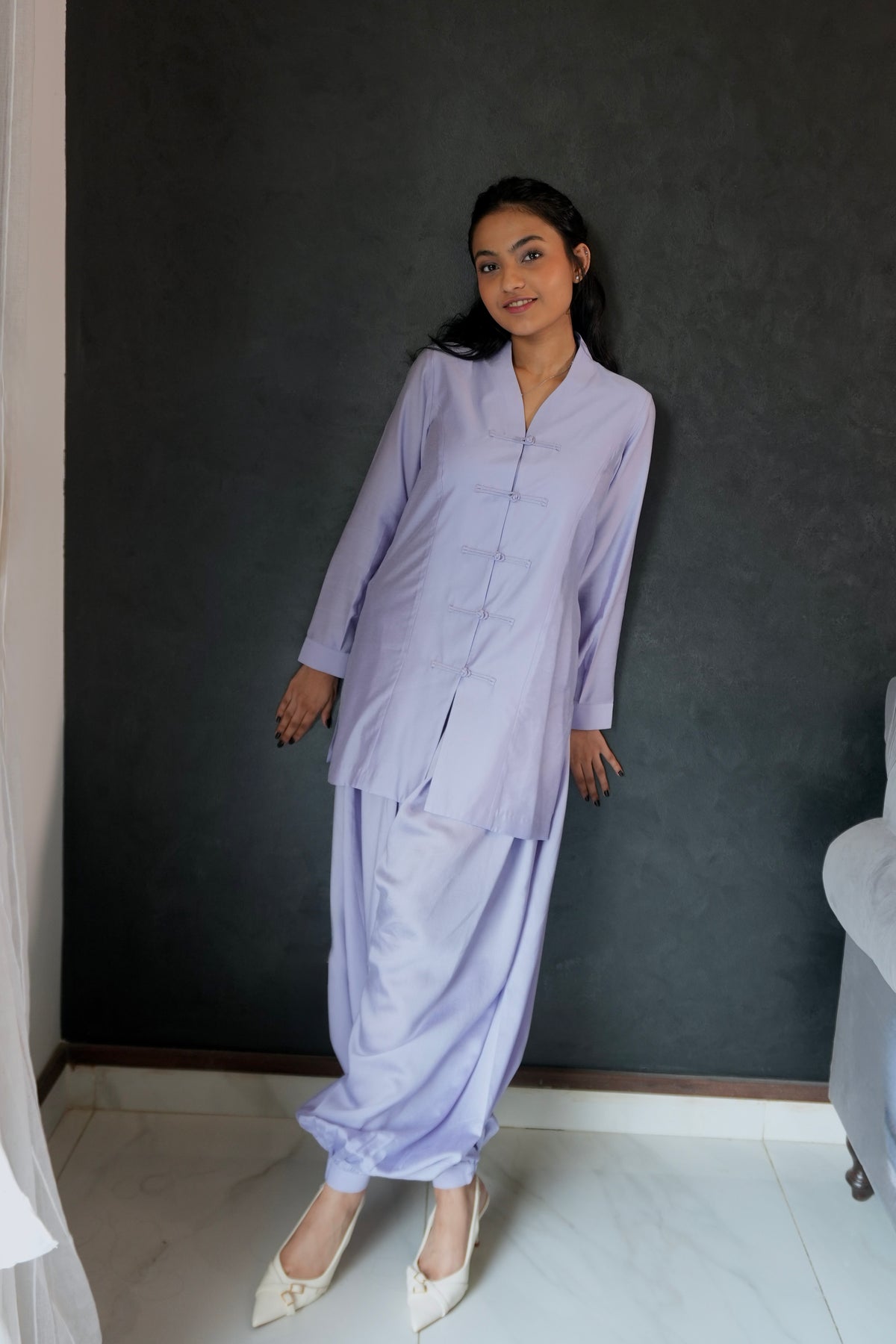 Lilac theory two-piece set featuring mandarin top and matching voluminous balloon pants front pose - alisho by Alishba Kashif