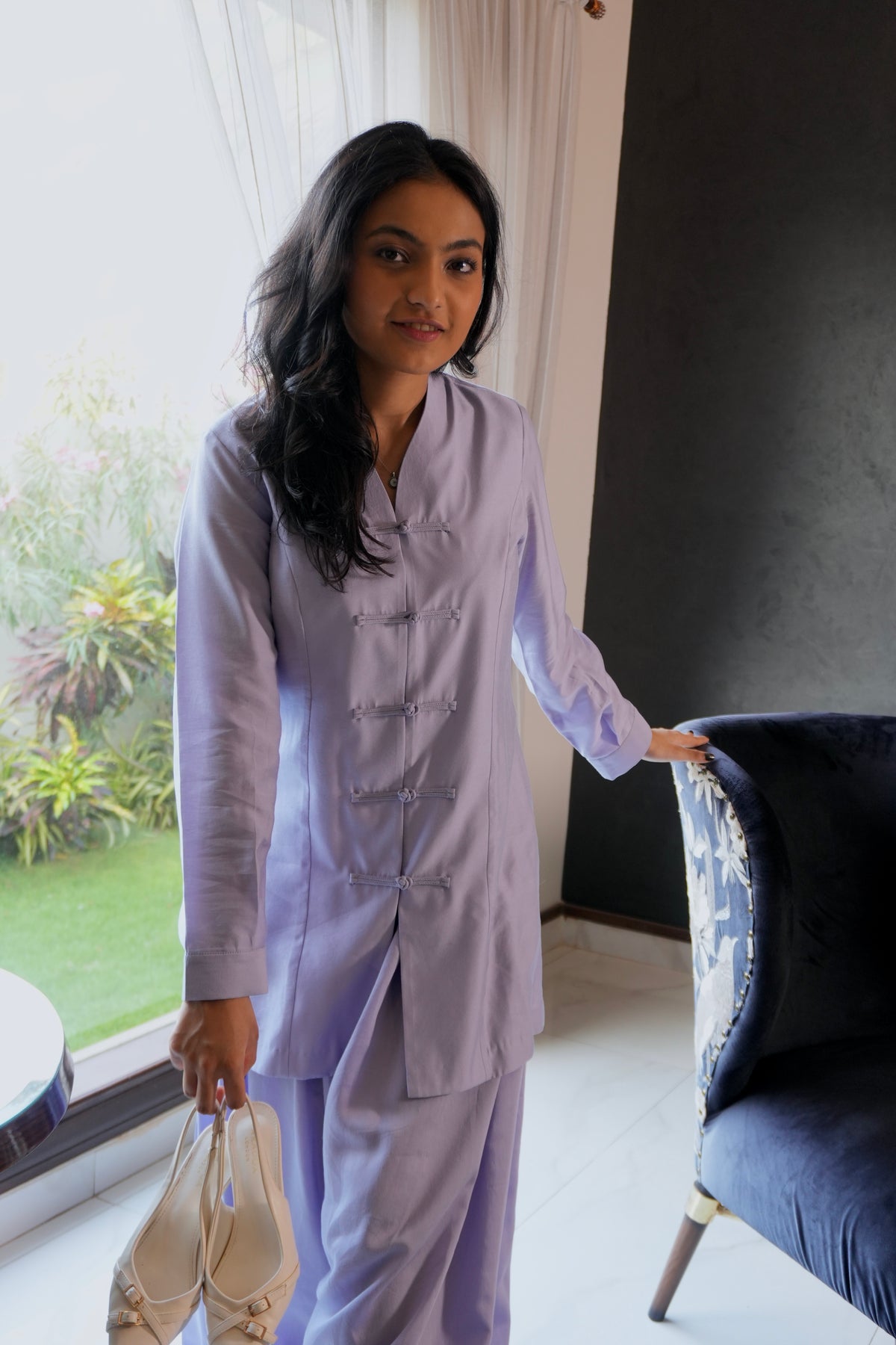 Lilac theory two-piece set featuring mandarin top and matching voluminous balloon pants close up shot- alisho by Alishba Kashif